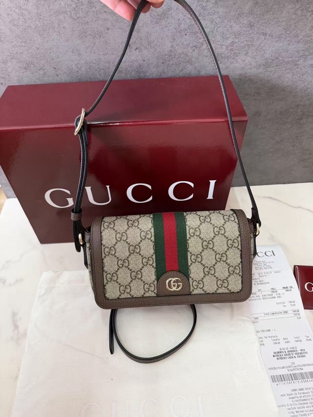 Gucci Beige GG Canvas Crossbody with Green-Red Web and Brown Trim